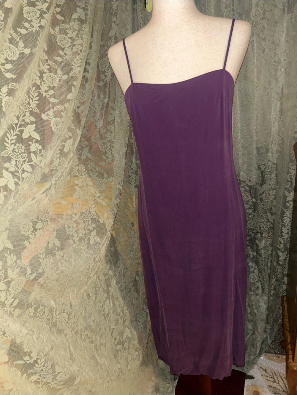 100% Silk Plum Purple Slip Midi Dress with Spaghetti Straps